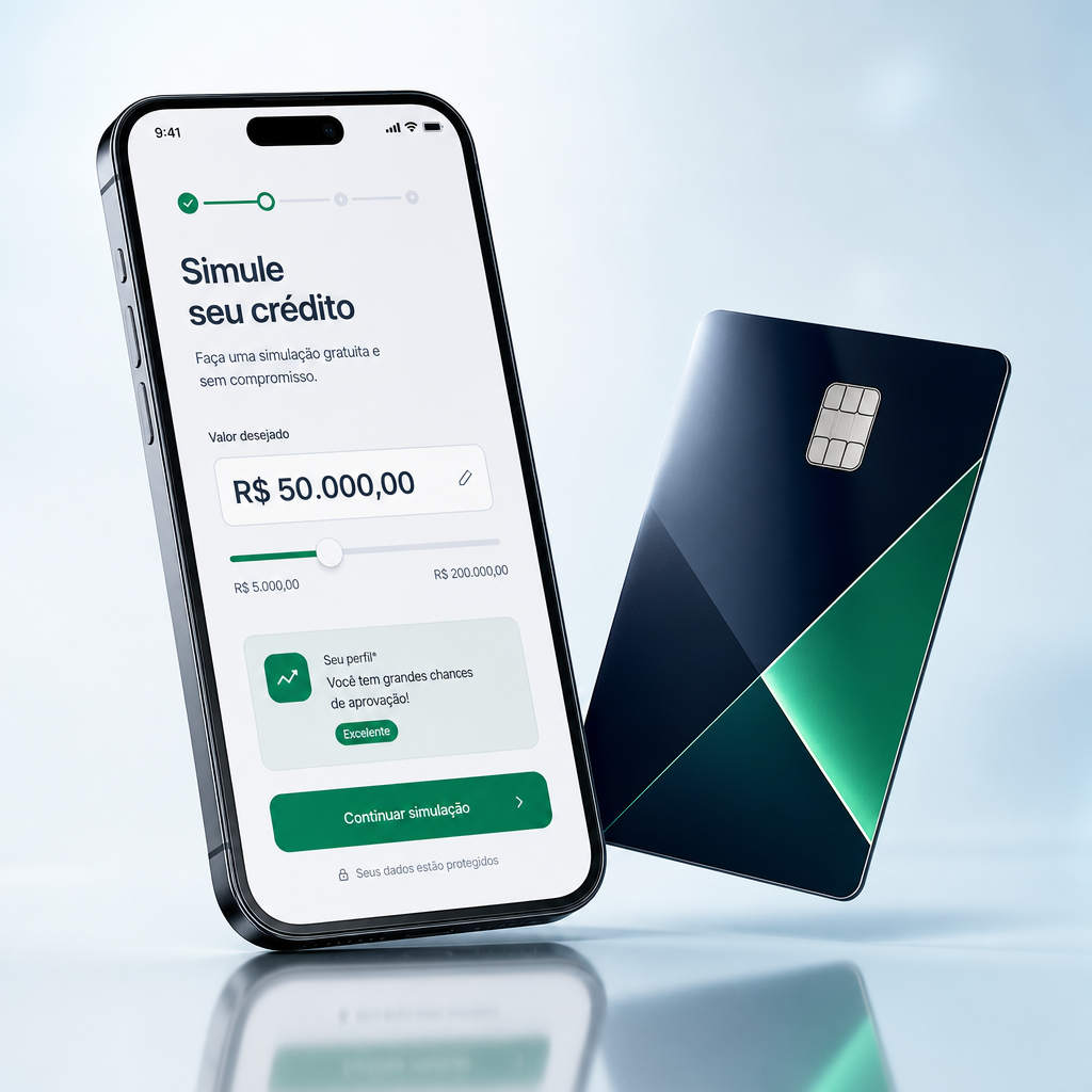 Mockup do simulador de crédito digital Credivia em um smartphone ao lado de um cartão de crédito